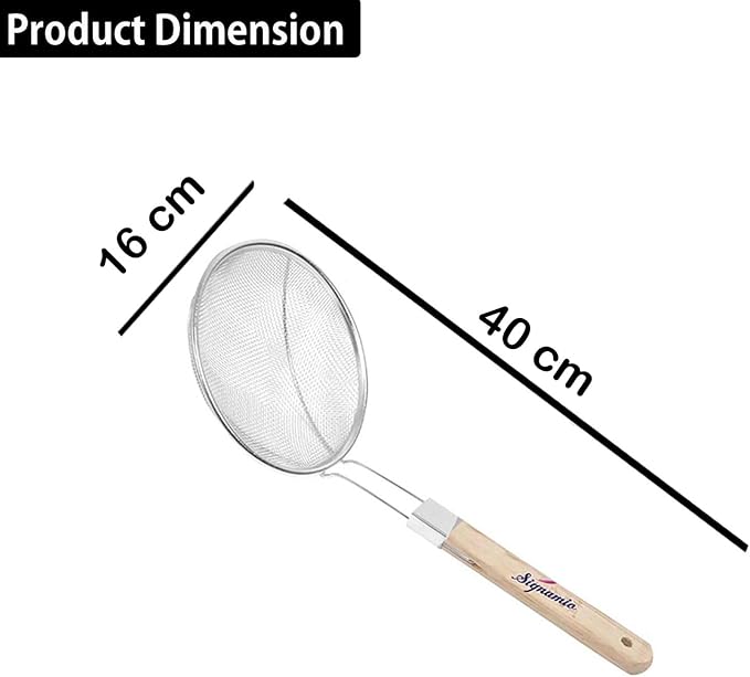 16 Inch Stainless Steel Deep Fry Net Spoon Oil Strainer - Puri & Poori Strainer Kitchen Utensil for Frying, Cooking & Straining Tool with Wood Handle