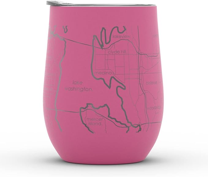 Well Told Engraved Seattle Washington Map Insulated Wine Tumbler, Etched Stainless Steel Cup (12 oz, Sunset Pink) City Map Insulated Tumbler, Custom Insulated Tumbler, Outdoor Drinkware