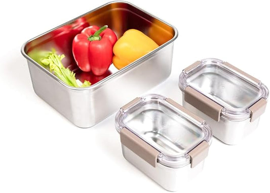 Locknlock Stainless Steel Food Storage Containers with Lids, Metal Lunch Boxes, Leak-Proof, Microwave, Freezer and Dishwasher Safe, 3-Piece Set, 1 x 520ml and 2 x 1400ml
