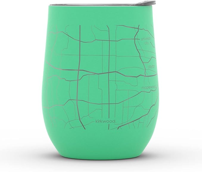 Well Told Engraved St. Louis Missouri Map Insulated Wine Tumbler, Etched Stainless Steel Cup (12 oz, Sunday Green) City Map Insulated Tumbler, Custom Insulated Tumbler, Outdoor Drinkware