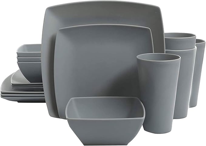 Gibson 99897.16R Home Soho Grayson Square Melamine Everyday 16 Pc Reactive Glaze Dinnerware Set Plates, Bowls, & Cups, Dishwasher Safe, Grey (4 Pack)