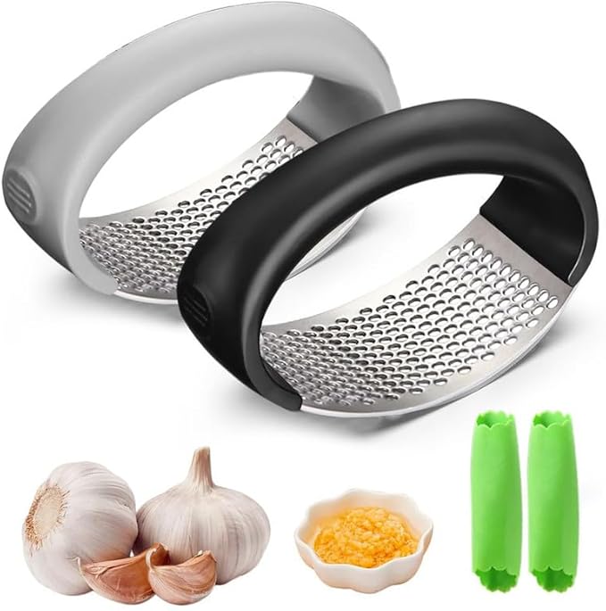 Garlic Press Rocker - 2024 NEW Stainless Steel Garlic Mincer Garlic Crusher with Peeler, New Innovative Garlic Chopper with Peeler and Scraper for Smash Garlic