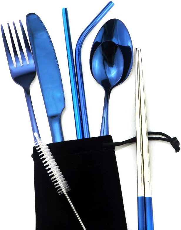 Gugrida Blue Reusable Utensils with Case, Healthy & Eco-Friendly 8 Pieces Portable Stainless Steel Flatware Tableware Dinnerware Set, Portable Travel Camping Cutlery Knife Fork Spoon Straws Set
