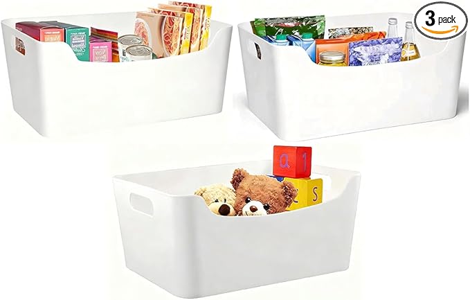 large- 3 pack White Plastic Storage Bins for Shelves, Closet Kitchen Storage Containers for Pantry Bathroom Office Organization Baskets, Cabinet Organizing Containers, White Organizer Bins for Shelves
