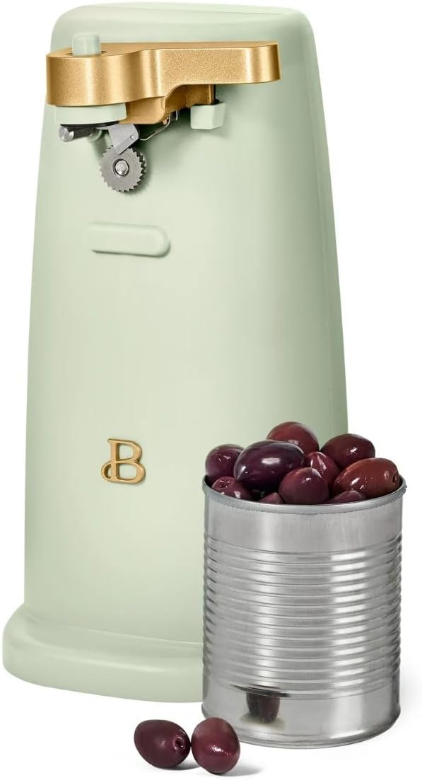 Beautiful Electric Can Opener, Auto-Turn, Knife Sharpener, Bottle Opener, Easy-Clean, Corded, One-Touch, Stainless Steel Blade (Sage Green)