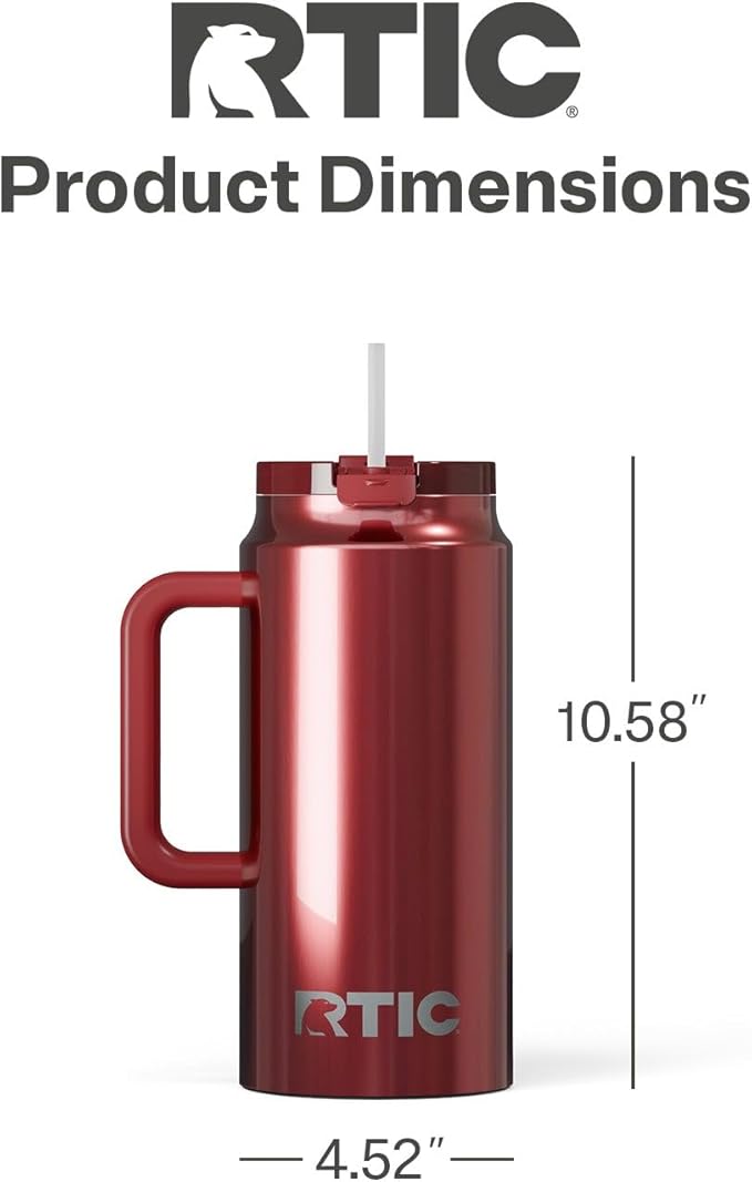 RTIC 64oz Road Trip Tumbler with Handle, Lid and Straw, Ceramic Lined, Insulated, Stainless Steel, Double Wall Vacuum-Insulation, Travel Cup, Black Cherry Metallic