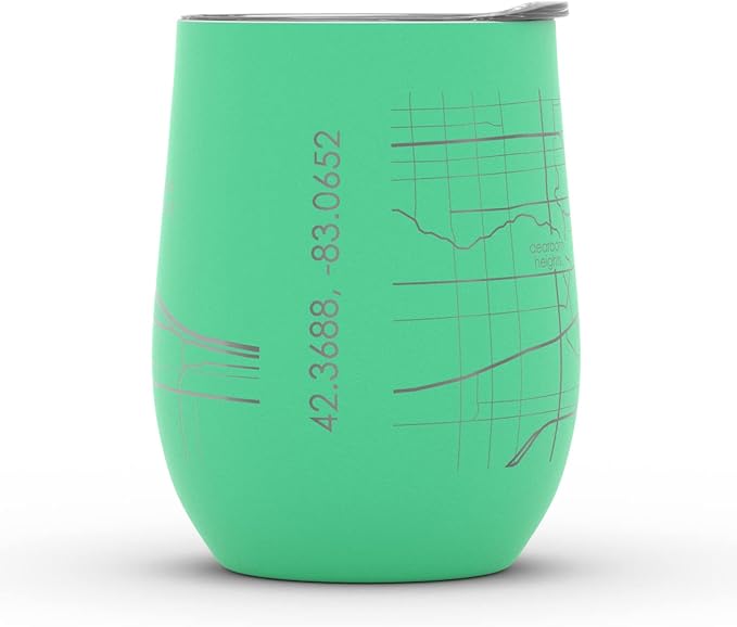 Well Told Engraved Detroit Michigan Map Insulated Wine Tumbler, Etched Stainless Steel Cup (12 oz, Sunday Green) City Map Insulated Tumbler, Custom Insulated Tumbler, Outdoor Drinkware