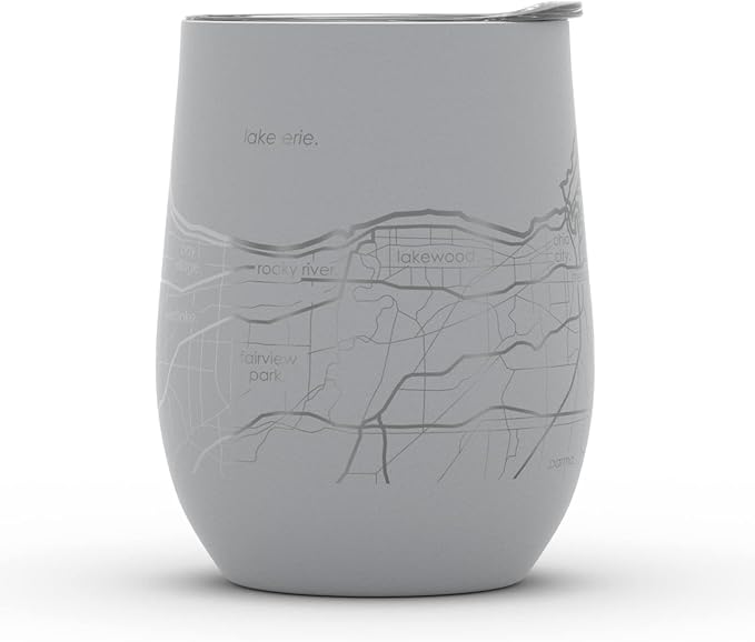 Well Told Engraved Cleveland Ohio Map Insulated Wine Tumbler, Etched Stainless Steel Cup (12 oz, Dockside Gray) City Map Insulated Tumbler, Custom Insulated Tumbler, Outdoor Drinkware