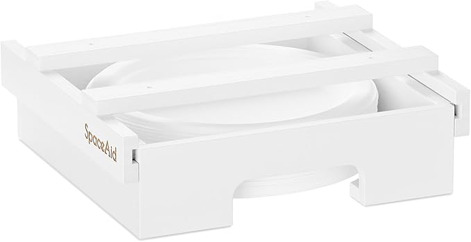 SpaceAid 9-inch Paper Plate Dispenser, Under Cabinet Bamboo Plates Holder, Kitchen Counter Vertical Dipensers Holders Countertop Caddy, White