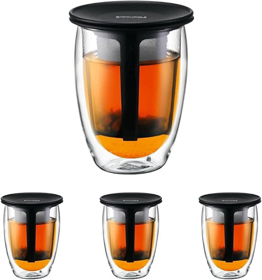Bodum 12oz Tea Strainer w/Lid, Double Wall, High-Heat Borosilicate Glass, Black (Pack of 4)