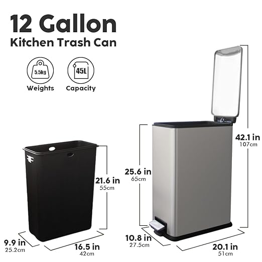 12 Gallon Slim Kitchen Trash Can, Rectangular Trash Can with Lid, Removal Inner Liner, Foot Pedal, Stainless Steel Garbage Can 45 Liter (Kohler's Steel Gray)