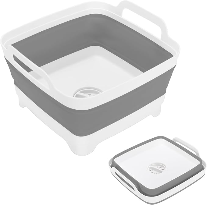 Collapsible Dish Basin, 2.4 Gallon Foldable Kitchen Sink with Drain Plug for Space-Saving Dish Washing, Vegetable & Baby Bottle Cleaning