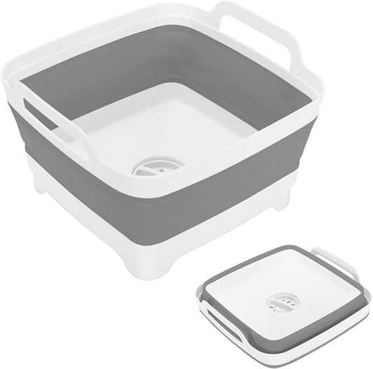 Collapsible Dish Basin, 2.4 Gallon Foldable Kitchen Sink with Drain Plug for Space-Saving Dish Washing, Vegetable & Baby Bottle Cleaning
