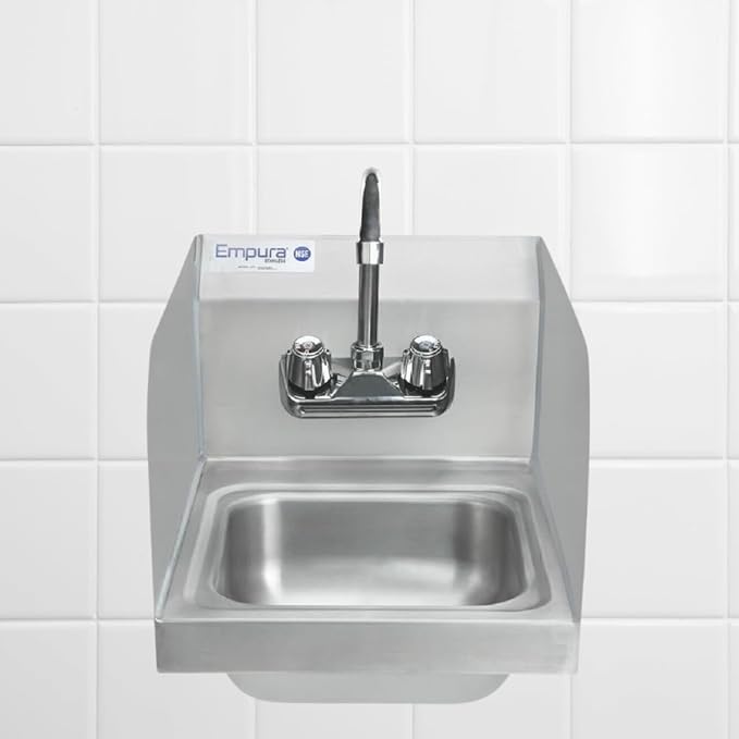 17" Wide Stainless Steel Wall Mounted Hand Sink | Commercial Prep Utility 14" x 10" Bowl for Kitchen | 4" Center Gooseneck Faucet, 9.5" Back/Side Splash, 17"W x 15"D x 13.5"H, 20 Gauge, NSF