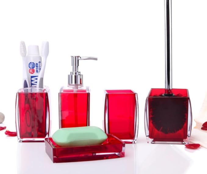 5 Pcs Red Acrylic Bathroom Accessories Set Complete, Lotion/Soap Dispenser, Soap Dish, Toothbrush Holder, Tumbler, Toilet Brush and Holder, Modern Bathroom Decor and Housewarming Gift Set,Red