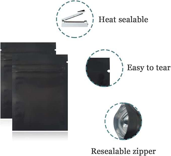 FERENLI 100Pcs Zipper Lock Self Seal Flat Pouch for Zip Aluminum Foil Lock Package Bag Coffee Food Storage Resealable Mylar Bags Heat Sealable Candy Reclosable Bags (8x12cm (3.1x4.7 inch), Black)