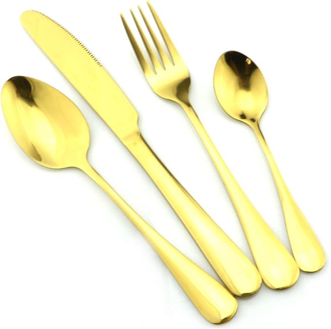 Gugrida Gold Reusable Utensils with Case, Healthy & Eco-Friendly 8 Pieces Portable Stainless Steel Flatware Tableware Dinnerware Set, Portable Travel Camping Cutlery Knife Fork Spoon Straws Set