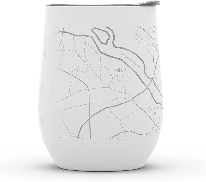 Well Told Engraved Richmond Virginia Map Insulated Wine Tumbler, Etched Stainless Steel Wine Tumbler (12 oz, White) City Map Insulated Tumbler, Custom Insulated Tumbler, Outdoor Drinkware