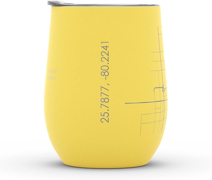 Well Told Engraved Miami Florida Map Insulated Wine Tumbler, Etched Stainless Steel Cup (12 oz, Sunrise Yellow) City Map Insulated Tumbler, Custom Insulated Tumbler, Outdoor Drinkware