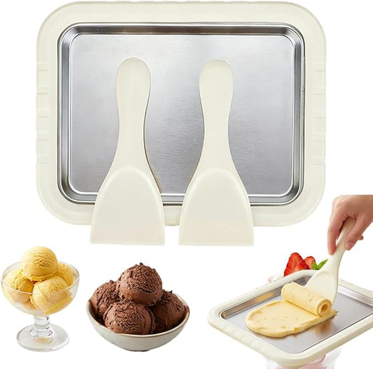 At-Home Rolled Ice Cream Maker Kit, Rolled Ice Cream Machine with Instant Freeze Tray & 2 Scrapers, DIY Homemade Rolled Ice Cream Tray For Families and Parties, Kids & Adults (White)