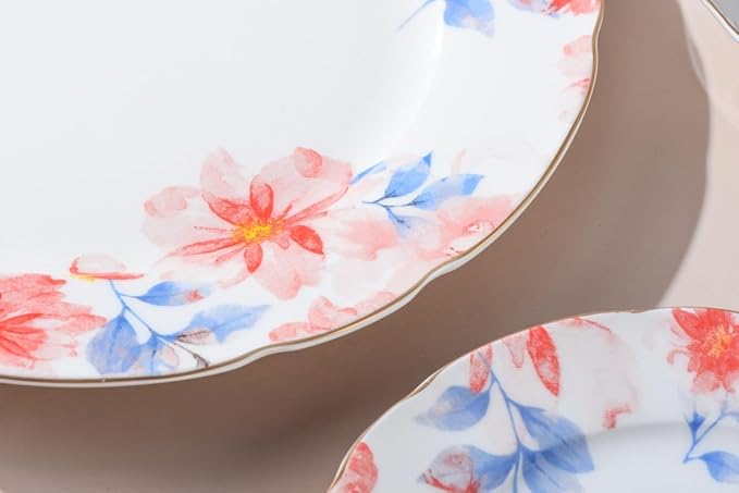 Exquisite ceramic tableware 3 Piece Bone China Modern Round Dishes Sets,Dinnerware dishset for Kitchen,Dinner Plate,Dessert Plate,Soup Bowl,Red flowers
