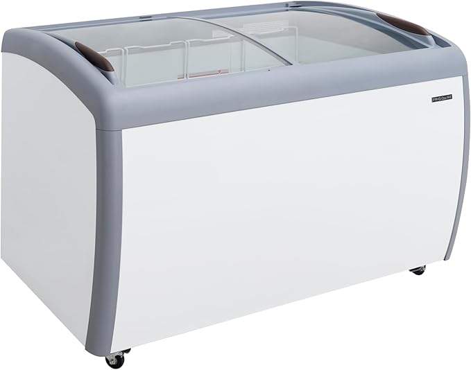 Frigidaire Commercial Chest Freezer for Ice Cream and Frozen Foods, Store Displayer, Glass Top Storage Case, 9 Cu. Ft. Bin, Rolling Caster Wheels, Adjustable Temperature, Energy Efficient Cooling