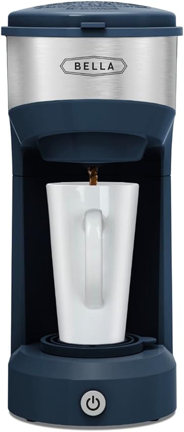 BELLA Dual Brew Single Serve Coffee Maker, Brews both Kcup and Ground Coffee, Large 14oz Capacity, Easy One Touch, Auto Shutoff, Navy