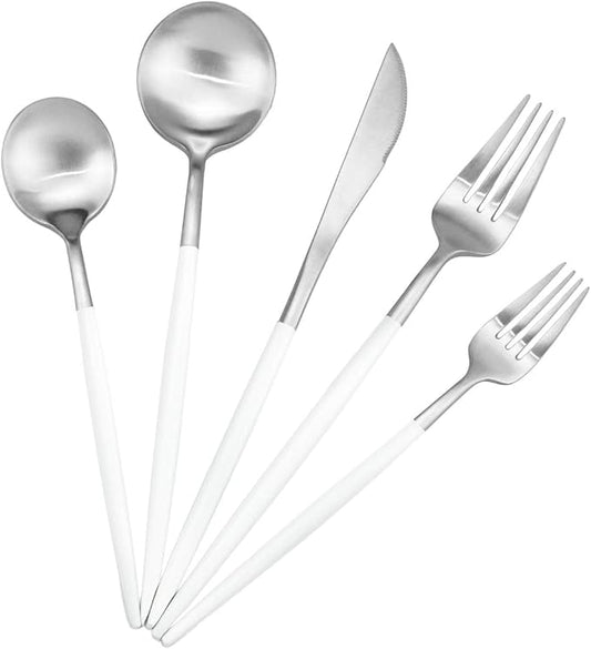 Gugrida 20-Piece 18/10 Stainless Steel Flatware Silverware, Luxury Dinnerware Set Travel Cutlery Tableware Include Knife Fork Spoon Service for 4, Dishwasher Safe (White Handle Matte Silver)