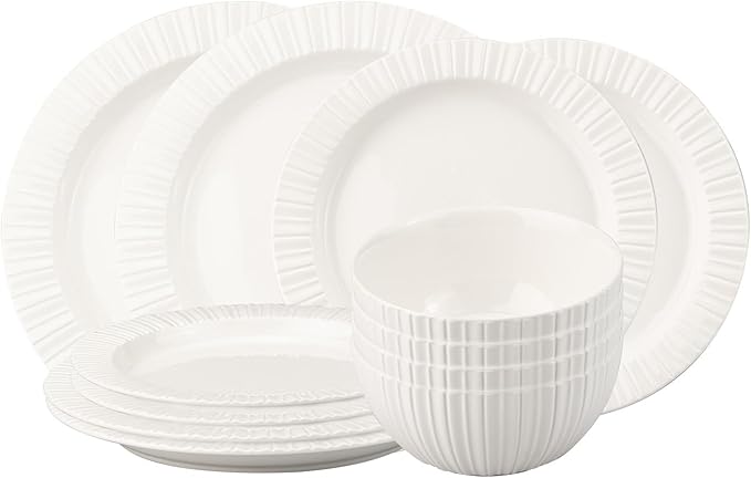 12-Piece White Ceramic Dinnerware Set - Rhine Series, Service for 4, Includes Bowls, Flat & Deep Plates, Microwave & Dishwasher Safe