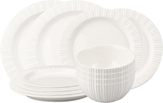 12-Piece White Ceramic Dinnerware Set - Rhine Series, Service for 4, Includes Bowls, Flat & Deep Plates, Microwave & Dishwasher Safe