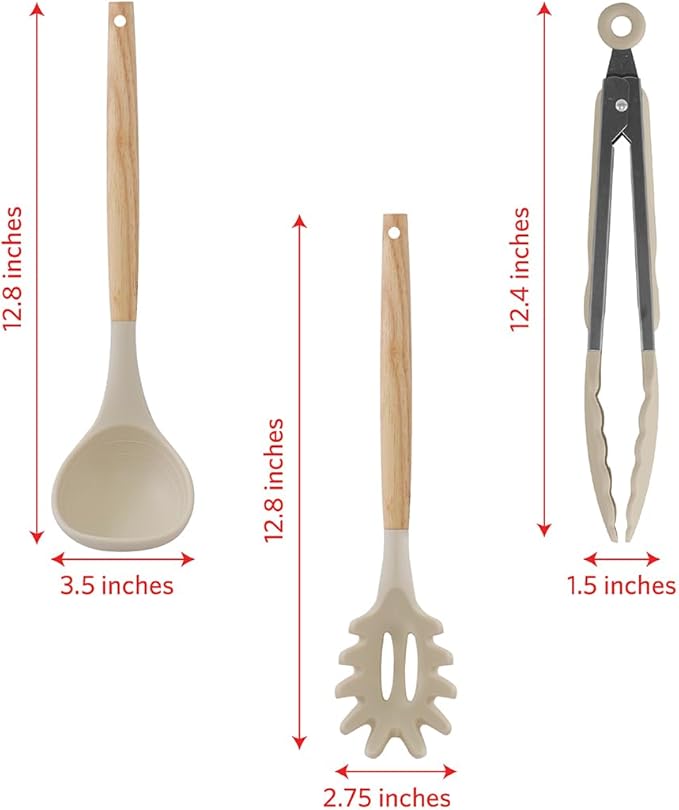 Glad Silicone Kitchen Utensils Set, 8pcs - Nonstick Cooking Tools with Wooden Handles and Utensil Holder - Spatula Set with Turner, Ladle, Spoons, Tongs, and Spaghetti Server - Beige