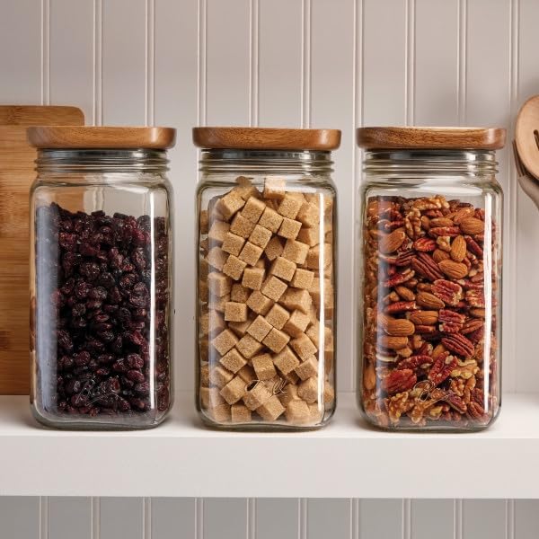 Ball Stack & Store Glass Mason Jars with Wooden Lid, Used for Pantry, Cookies, Flour, Cereal, Rice, Sugar, Tea, Coffee Beans, Spices, Square, 4-Cup (Pack of 2)