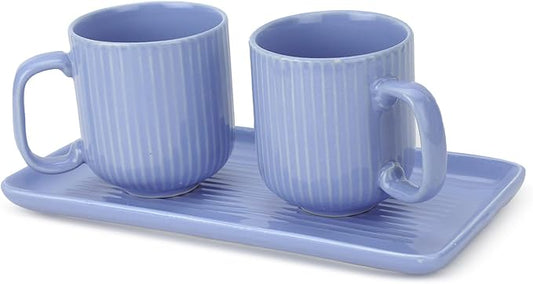 Ceramic Coffee Mugs with Handle Set – 2-Piece 11 Oz Ceramic Coffee Cups & 9" Tray, Handmade Cornflower Blue Color, Microwave Safe Gift Set for Tea Lovers, Home Kitchen Décor