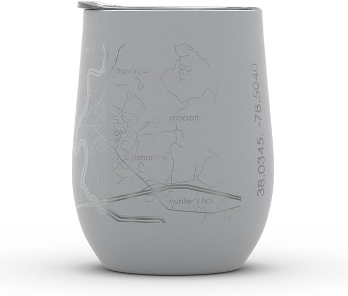 Well Told Engraved Charlottesville Virginia Map Insulated Wine Tumbler, Etched Stainless Steel Cup (12 oz, Dockside Gray) City Map Insulated Tumbler, Custom Insulated Tumbler, Outdoor Drinkware