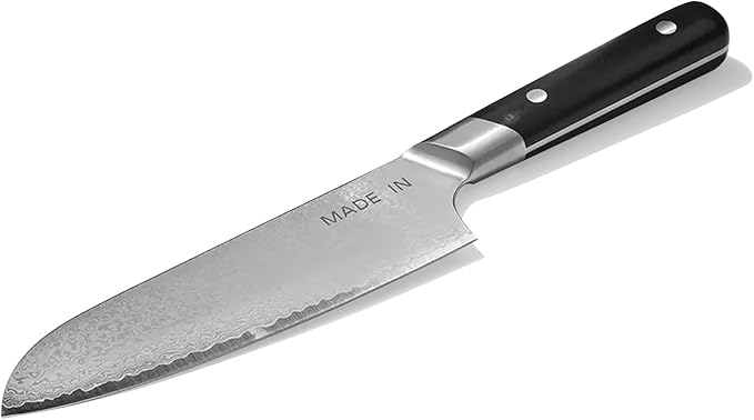 Made In Cookware - 6" Japanese Damascus Steel Santoku Knife - 66 Layers of Damascus Steel with a VG-10 Core - Crafted in Japan - Full Tang With Black POM Handle