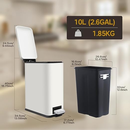2.6 Gallon Bathroom Trash Can with Lid, 10L Stainless Steel Garbage Can with Removable Liner Bucket, Slim for Small Spaces Narrow Office, Kitchen, Bedroom, Living Room (White