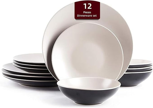 Stoneware Two-Tone Colors Life 12pc Dinner Set, Outside Shiny Black + Inside Matte Light Beige