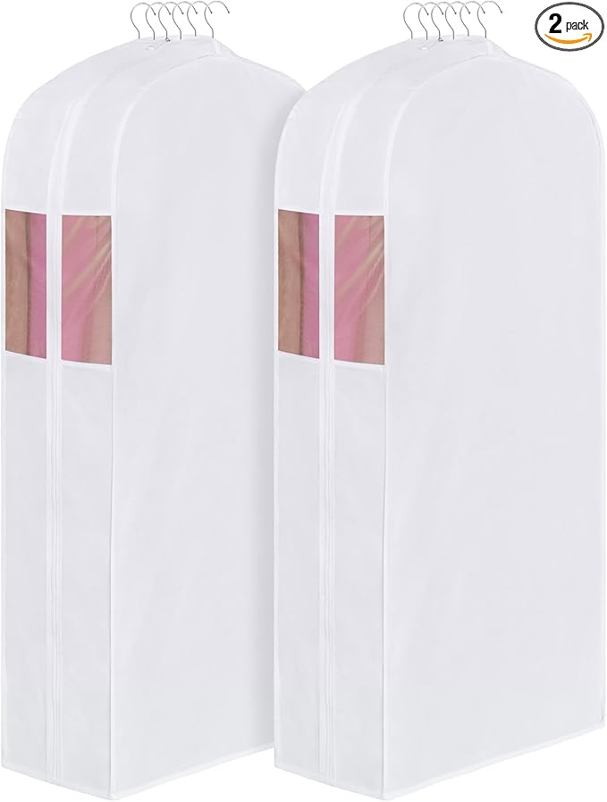 Univivi Premium Cotton Garment Bags for Hanging Clothes and Storage, 60 Inch Washable Dress Bags for Gowns Long, Full Zipper Dust Cover with Extra Large 10" Gusset & Clear Window - 2 Pack