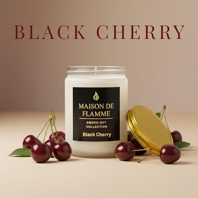 Black Cherry Odor-Eliminating Scented Candle, 200g/7oz White Jar – Long-Lasting Soy Wax Blend Candle for Smoke, Kitchen & Home Odors