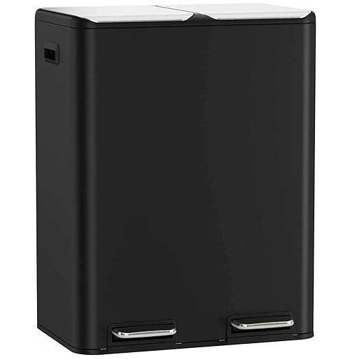 Arlopu 16Gal Dual Trash Can w/2 Built-in Box for Odor Control, Hands-Free Kitchen Garbage Bin, Recycle Waste Dustbin, Soft-Close Lid, 2 Buckets,Foot Pedal, Side Handle, Airtight,for Home (Black)