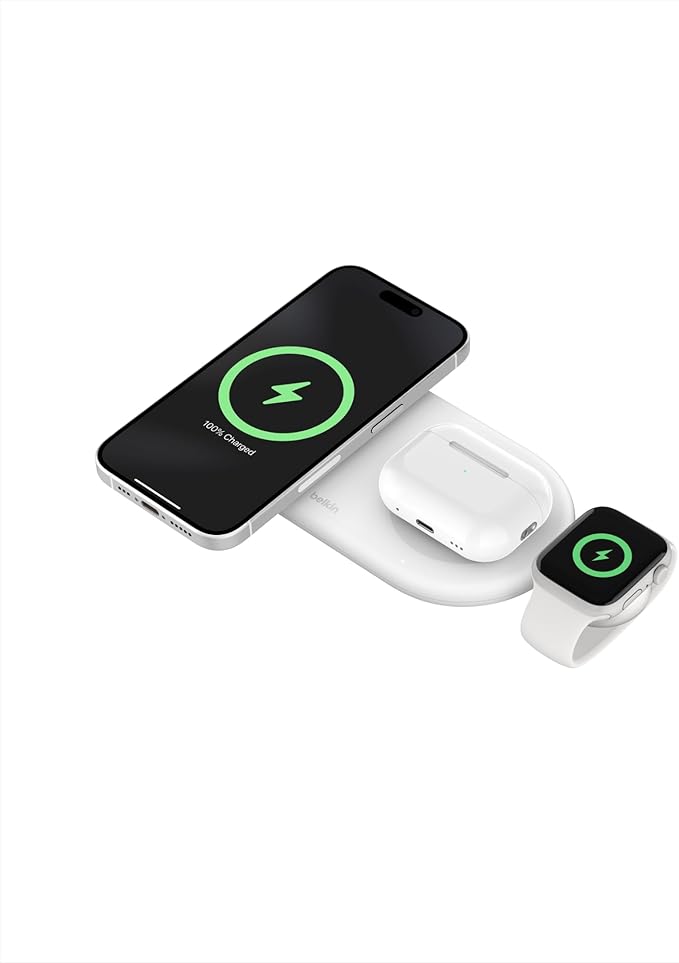Belkin 3-in-1 MagSafe-Compatible Wireless Charging Pad with Qi2 15W - iPhone Charger - Fast Charging Wireless Charging Station for iPhone 17, 16, & 15 Series, AirPods, Apple Watch, & More - White