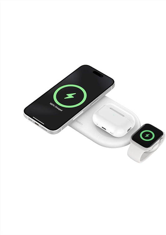 Belkin 3-in-1 MagSafe-Compatible Wireless Charging Pad with Qi2 15W - iPhone Charger - Fast Charging Wireless Charging Station for iPhone 17, 16, & 15 Series, AirPods, Apple Watch, & More - White