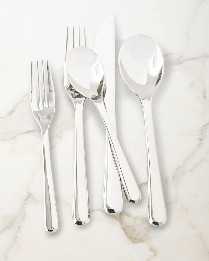 Nambé Aura 45-Piece Silverware Set – Contemporary Stainless Steel Flatware with Polished Mirror Finish, Includes 8 Place Settings & Serving Pieces – Stylish Cutlery for Dining & Hosting