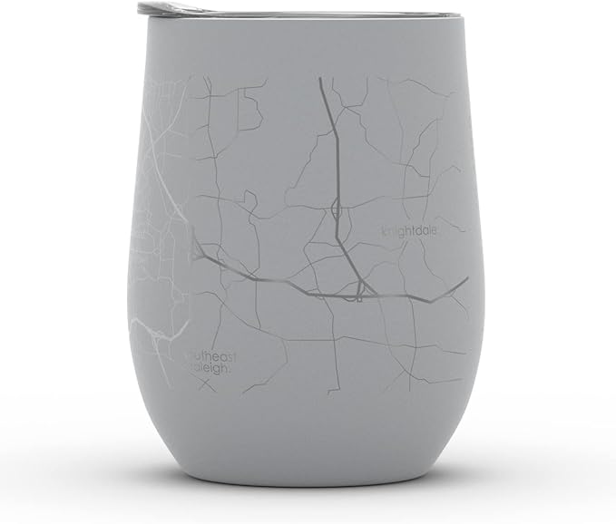 Well Told Engraved Raleigh North Carolina Map Insulated Wine Tumbler, Etched Stainless Steel Cup (12 oz, Dockside Gray) City Map Insulated Tumbler, Custom Insulated Tumbler, Outdoor Drinkware