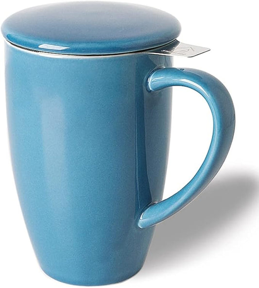 Sweejar Porcelain Tea Infuser Mug with Lid, 16 oz Teacup with Strainers for Loose Leaf Tea, Microwave and Dishwasher Safe Coffee Mug(Fog blue)