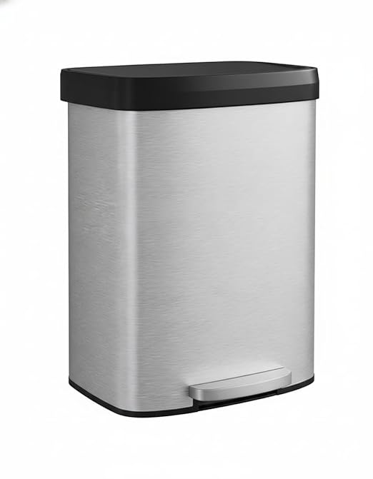 Garvee 16 gal / 60 L Stainless Steel Trash Can with Lid, Large Garbage Can for Kitchen, Rustproof Step-on Kitchen Metal Trash Bin with Liner Rim, Rear Handle, Soft Close Plastic Lid, Silver