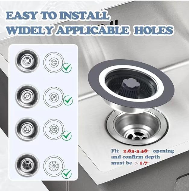 Kitchen Sink Drain Strainer, 3 in 1 Stainless Steel Kitchen Sink Stopper and Strainer, for Standard 3-1/2 Inch Drain(Opening Diameter is 2.83-3.38 inches,Depth >1.7 in)