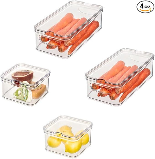 iDesign Crisp 4-Piece Recycled Plastic Refrigerator Organizer Bin Set with Lids, Clear/White