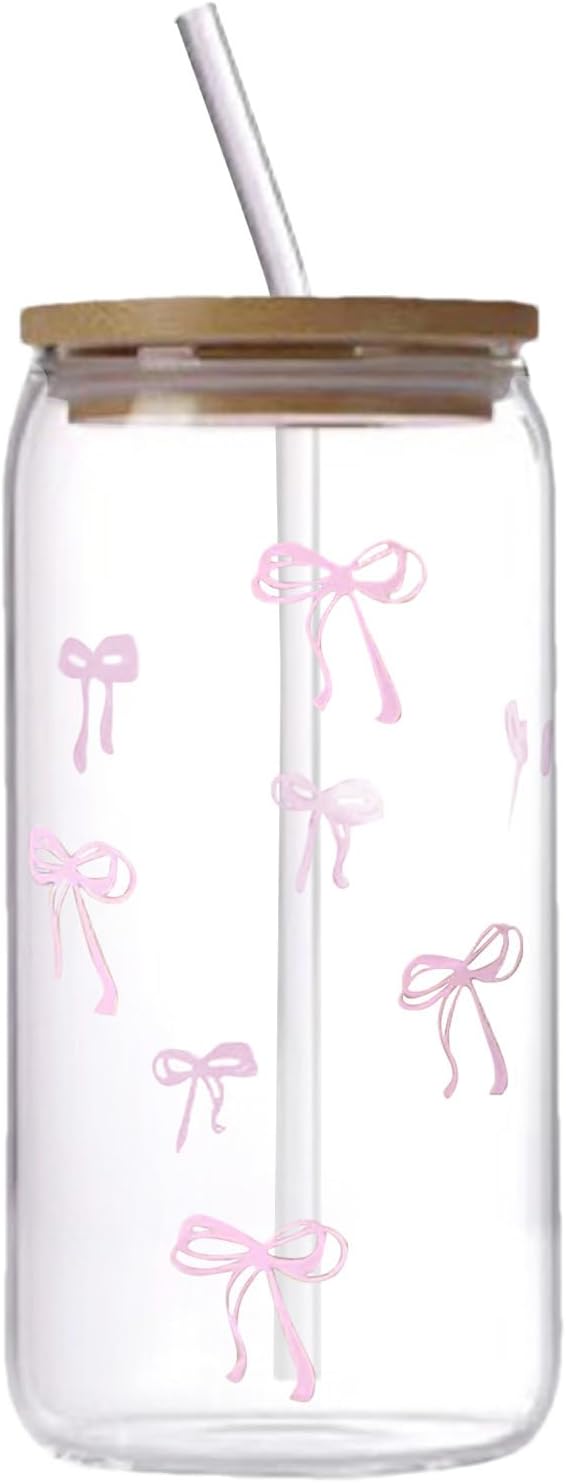 Glass Tumbler with Straw and Lid - 500ml Bow Glassware, Aesthetic, Water Mug | Cute Drinking Cup for Iced Coffee, Tea Cocktails, Tumbler, Teen Girls, Home & Bar Use