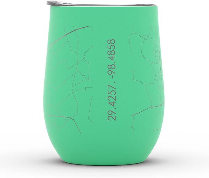 Well Told Engraved San Antonio Texas Map Insulated Wine Tumbler, Etched Stainless Steel Cup (12 oz, Sunday Green) City Map Insulated Tumbler, Custom Insulated Tumbler, Outdoor Drinkware